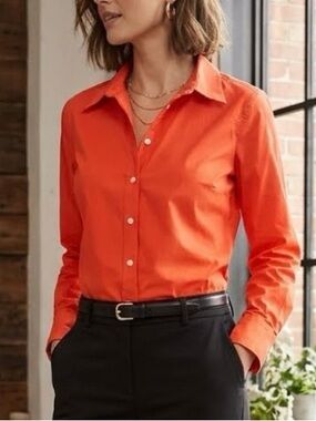 Ann Taylor button down collared blouse red cotton spandex career wear business L